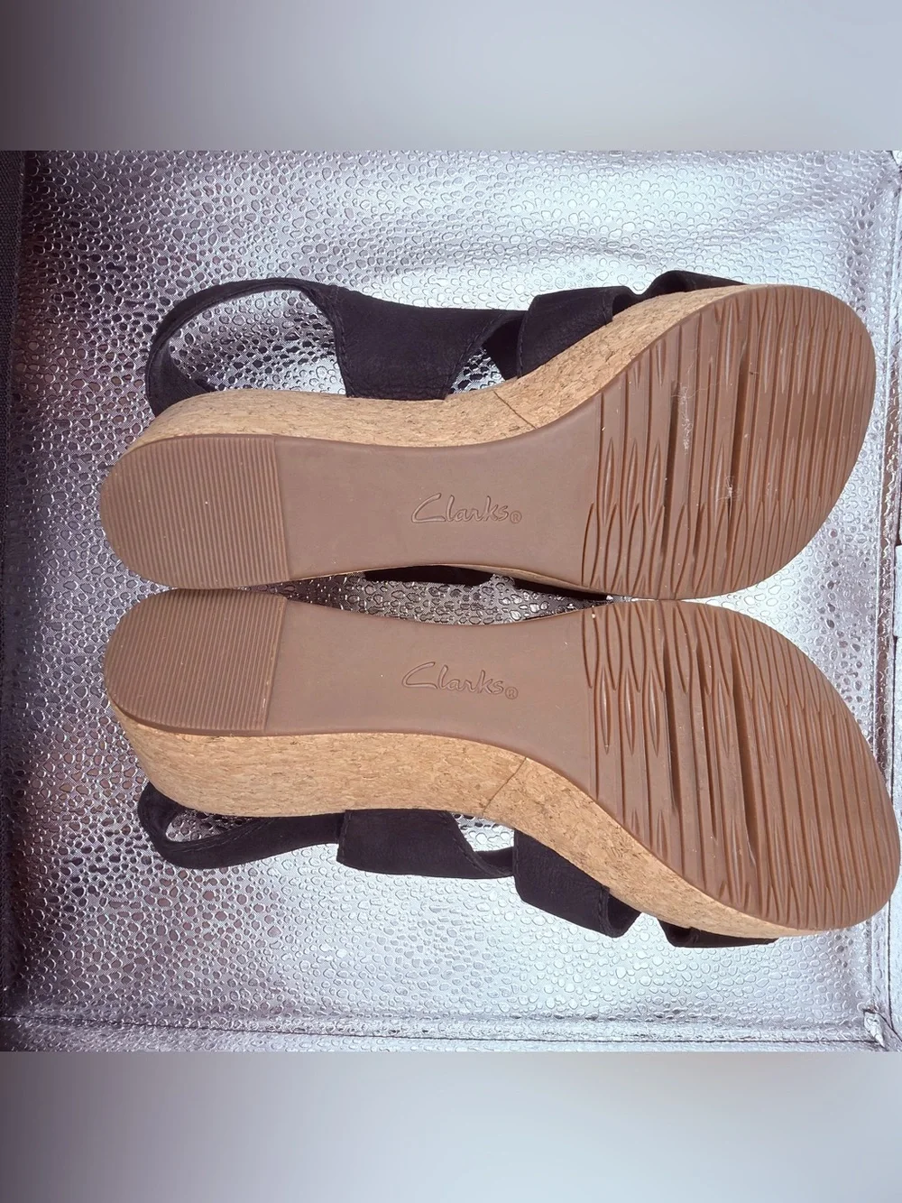 Clarks Black Suede Slingback Wedge Sandals